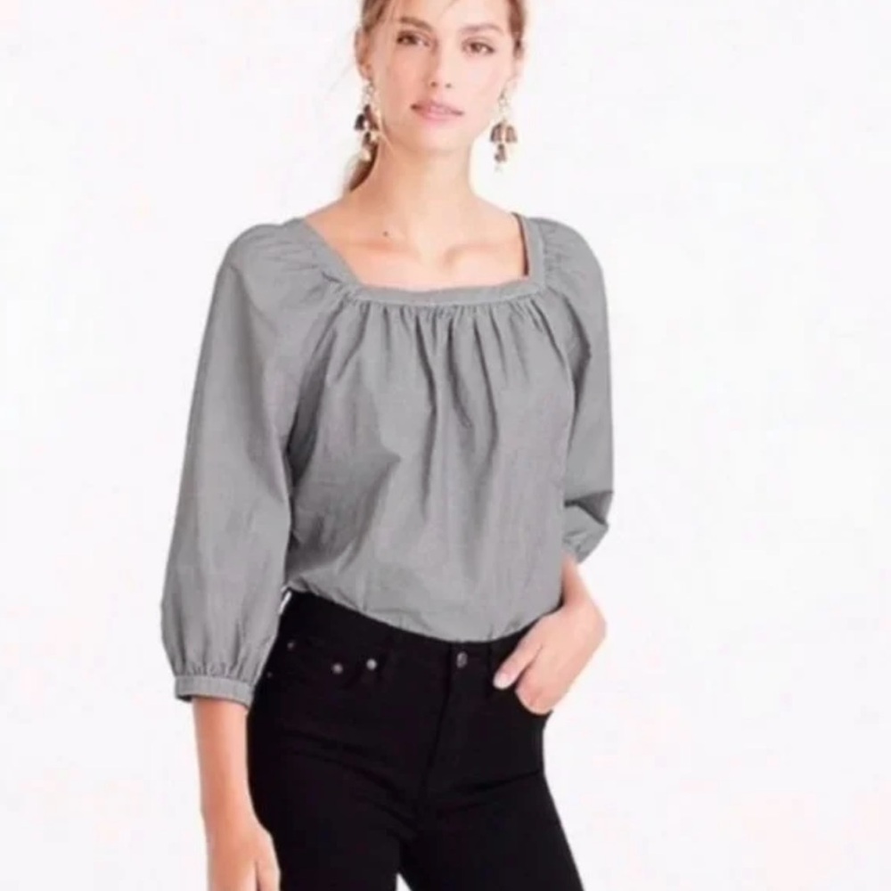 J. Crew Gingham Square Neck Puff Sleeve Blouse Black Size 4